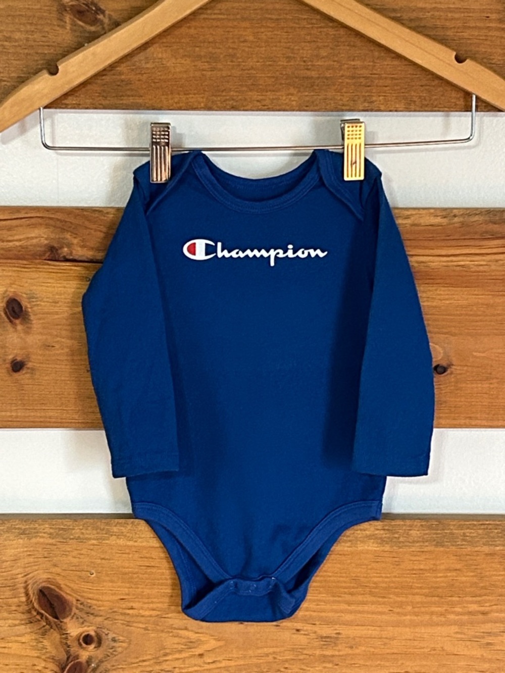 Champion Royal Blue Long-Sleeve Baby Bodysuit Size 9M 3 Snap Closure